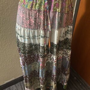 Kathmandu Patchwork Midi Skirt in Pink, White, Brown, Green